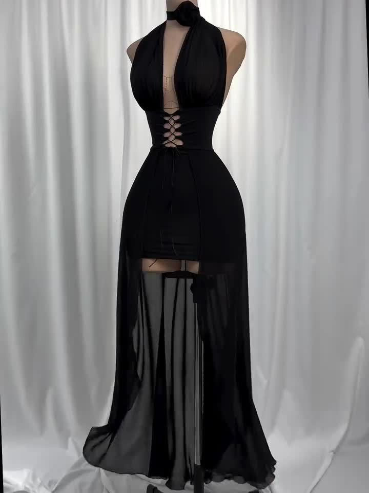 Vestido Frente Única de Tule e Amarrações Preto Modern Harley