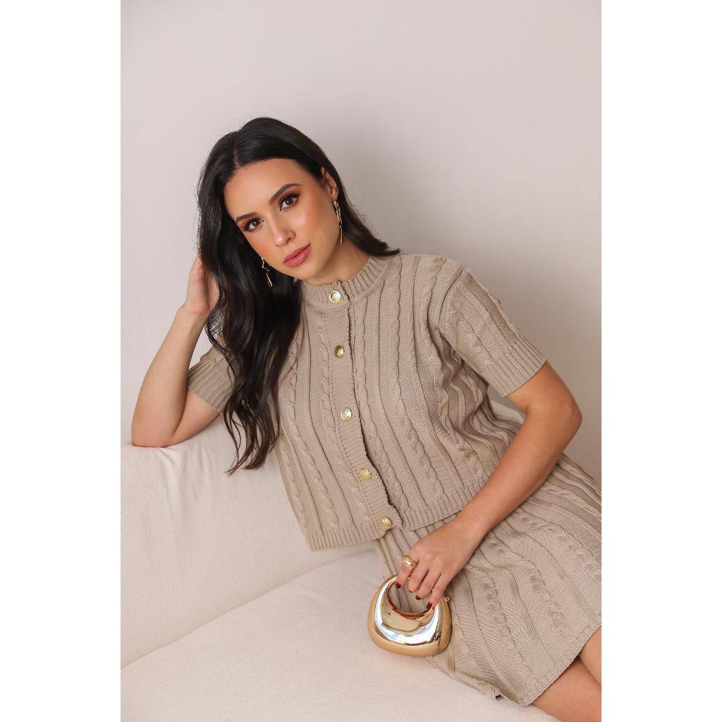 Conjunto Tricot Saia Curta e Blusa Meia Manga com Botões Modern Lívia