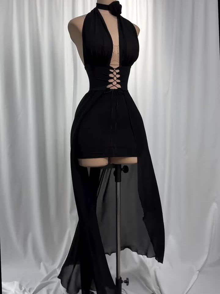 Vestido Frente Única de Tule e Amarrações Preto Modern Harley