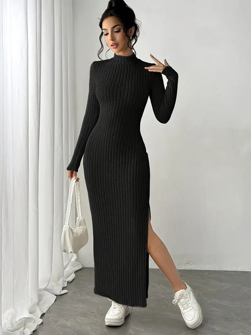 Vestido Manga Longa Canelado com Fenda Modern Joani