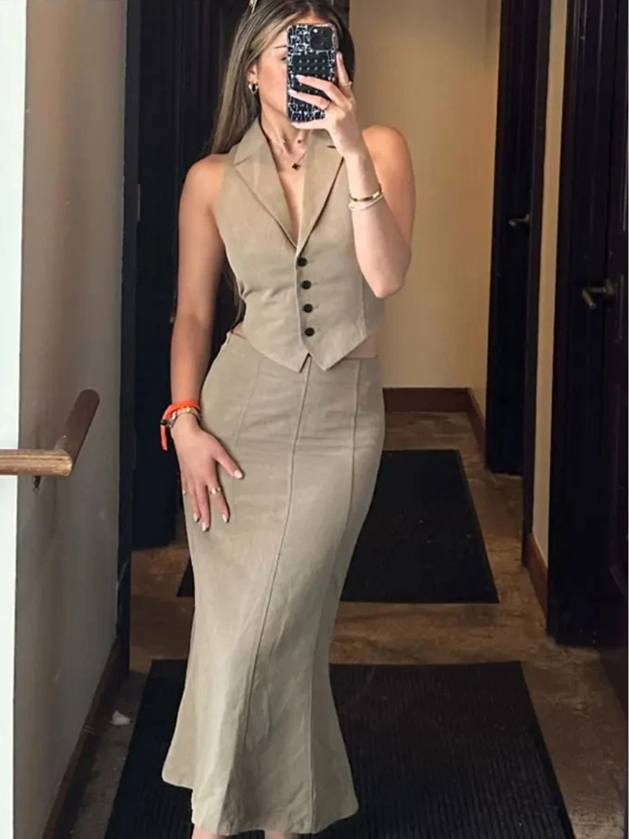 Conjunto Feminino Colete e Saia Midi Alfaiataria Modern Dara