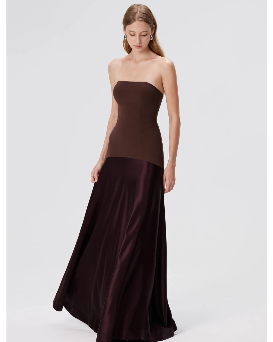 Vestido Longo Sem Alças Saia em Cetim Modern Elysia