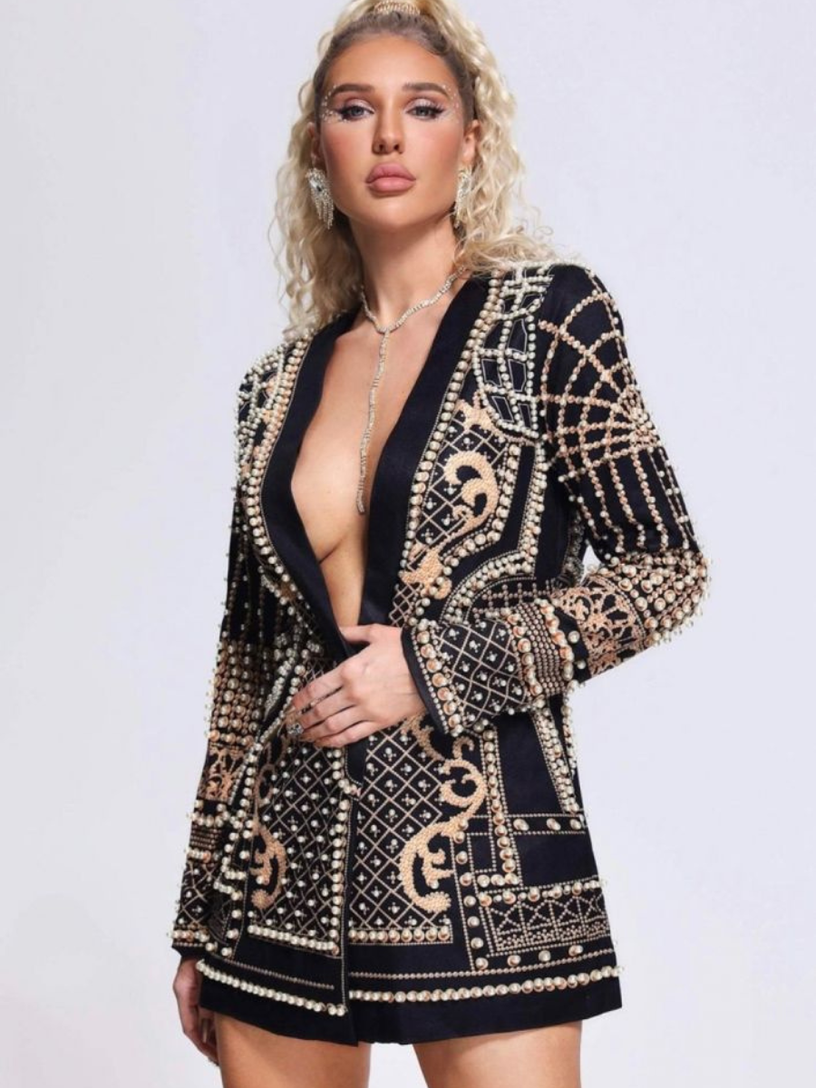 Maxi Blazer Bordado com Aplicações de Pedrarias Modern Milena