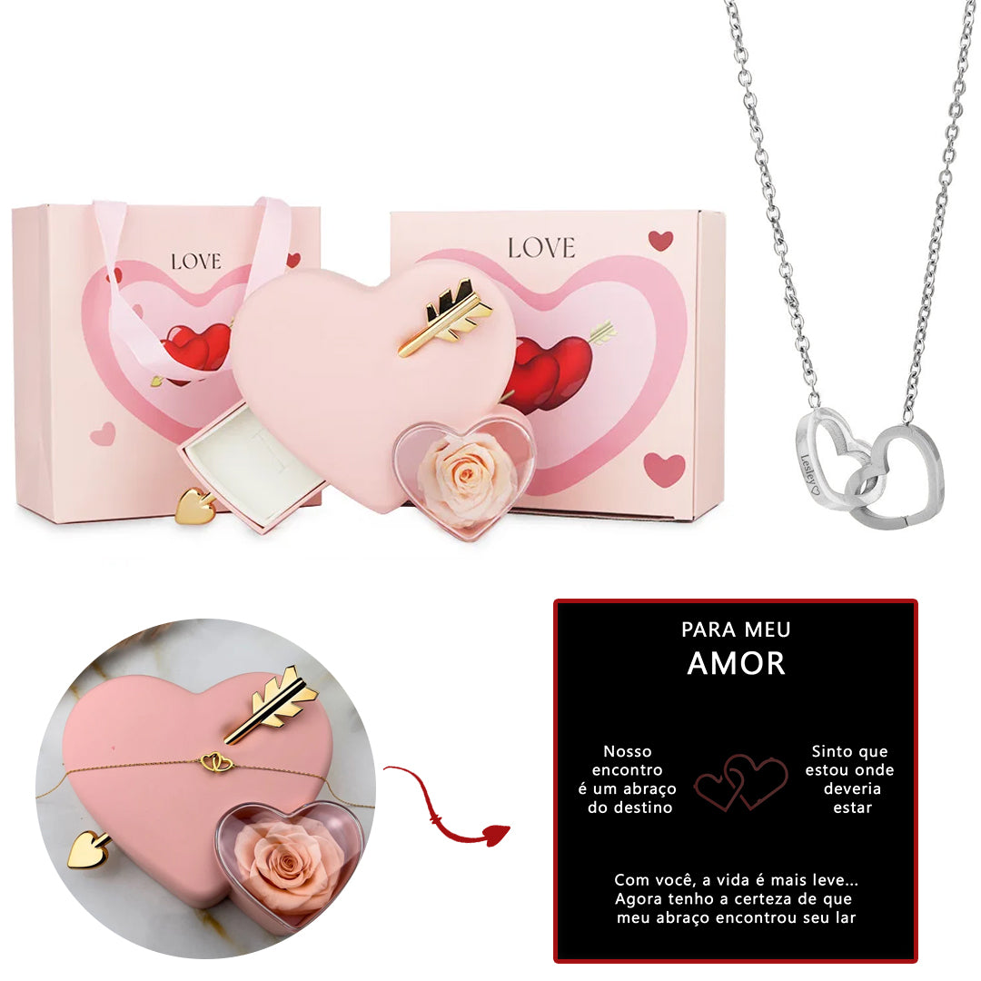 Caixa Cupido Apaixonado com Rosa Eterna & Colar Personalizado