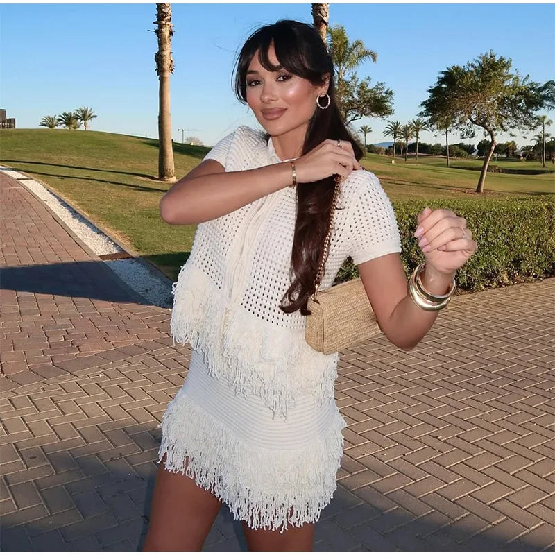 Conjunto Tricô Blusa e Saia com Franja Modern Clara