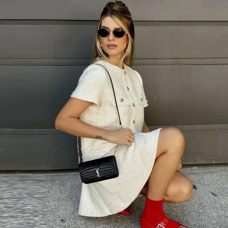 Vestido Curto Tricô com Botões Modern Celeste