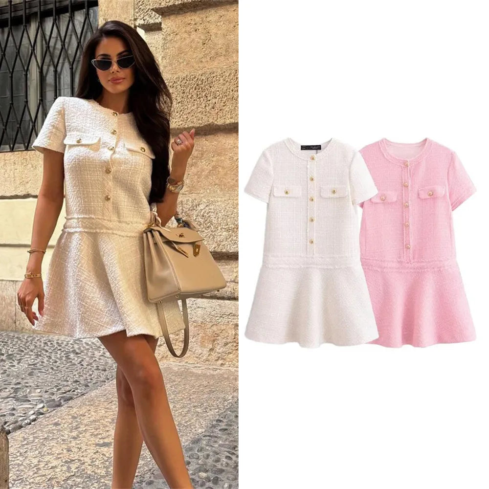 Vestido Curto Tricô com Botões Modern Celeste