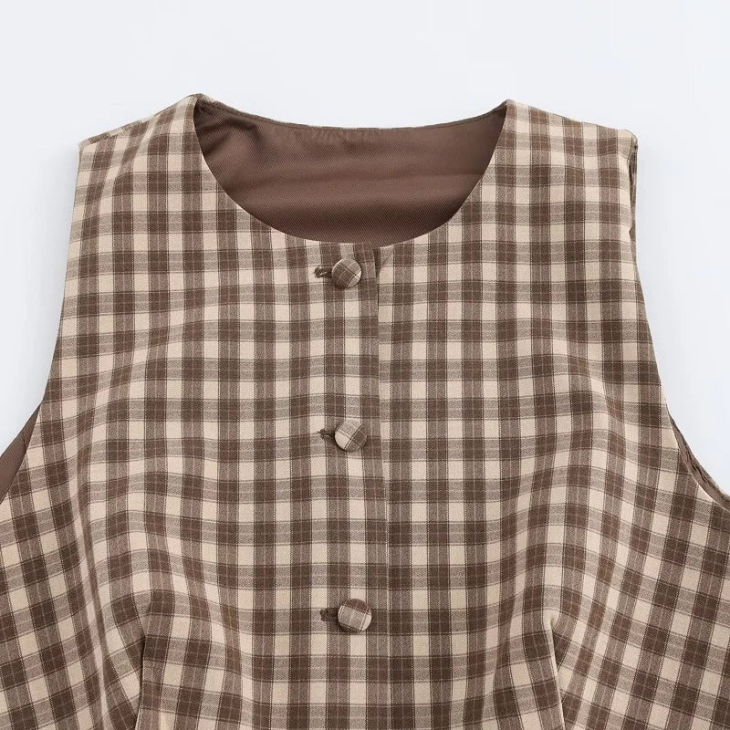 Conjunto Xadrez Colete com Botões e Saia Curta Modern Megan