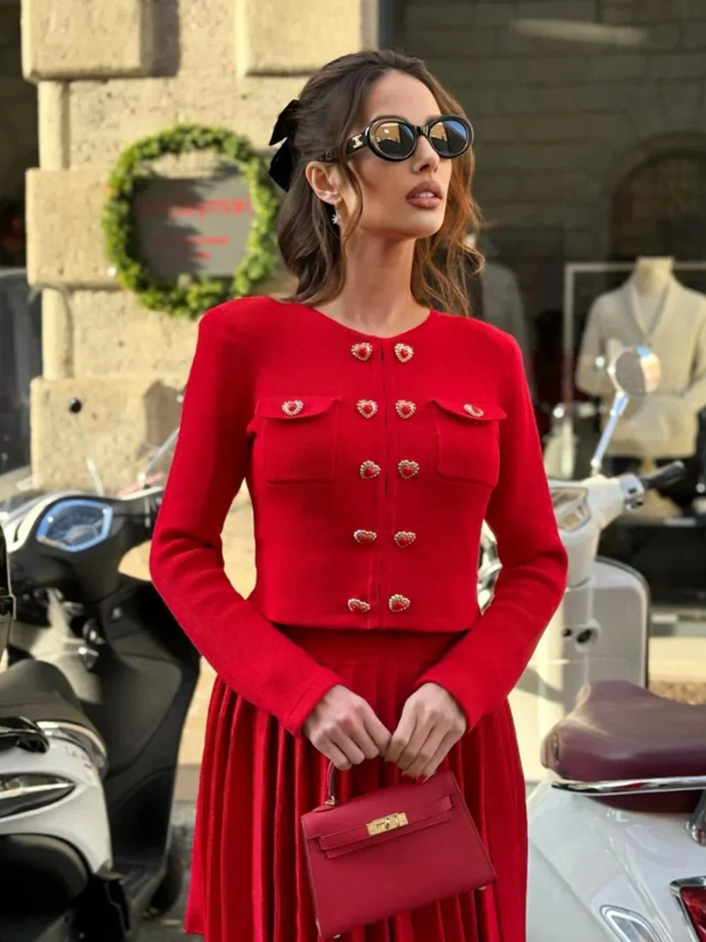 Conjunto Tricô Cardigan e Saia Plissada Modern Madison