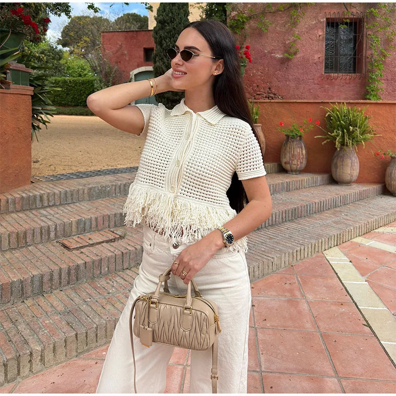 Conjunto Tricô Blusa e Saia com Franja Modern Clara