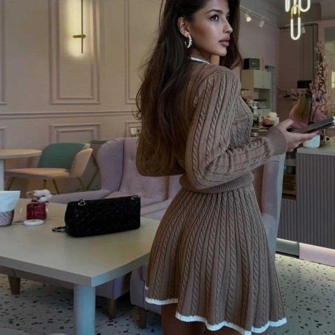 Conjunto Tricô Cropped Manga Comprida e Saia Modern Antonella