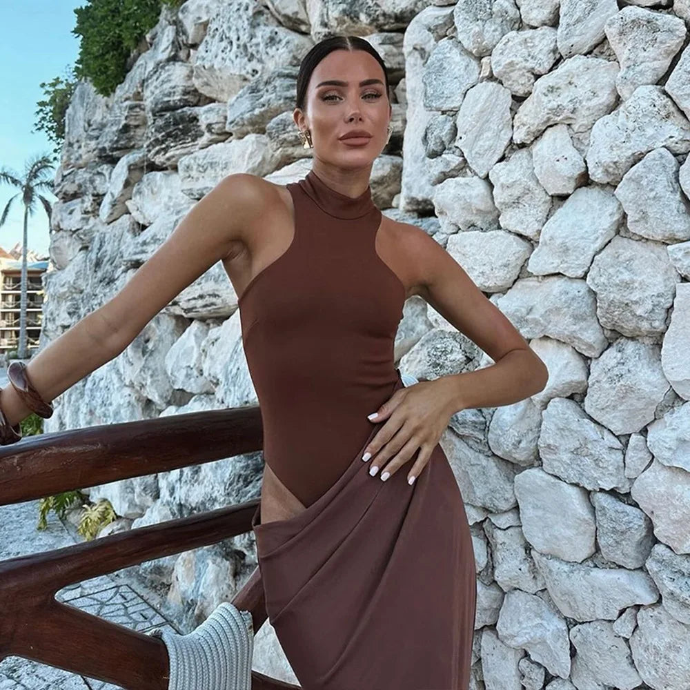 Vestido Longo Gola Alta sem Mangas Modern Hazel