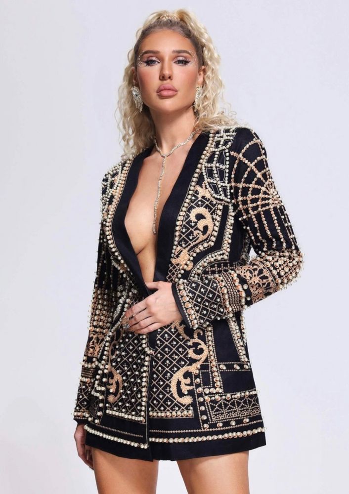 Maxi Blazer Bordado com Aplicações de Pedrarias Modern Milena