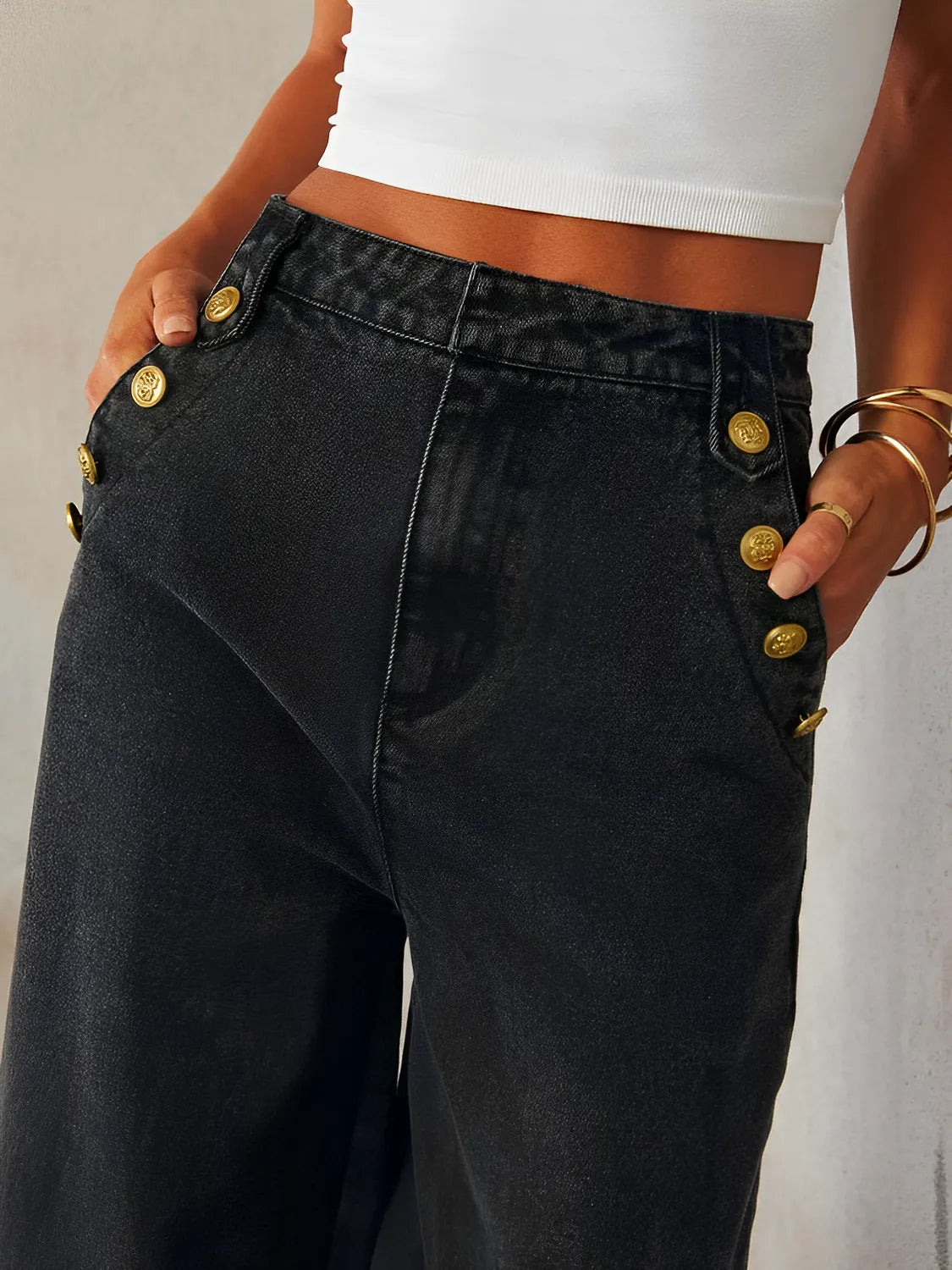 Conjunto Feminino Jeans Colete e Calça Pantalona Cós Alto  Modern Sthefany