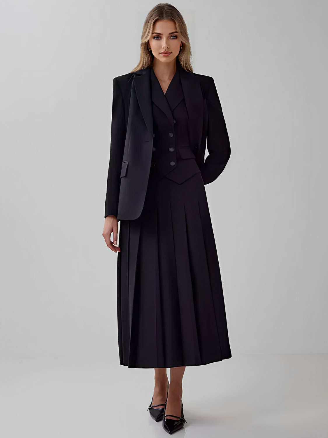 Conjunto Feminino de Alfaiataria com  Colete Clássico e Saia Modern Alessandra