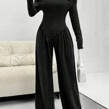 Conjunto Feminino Blusa Manga Longa Assimétrica e Calça Pantalona Modern Confy