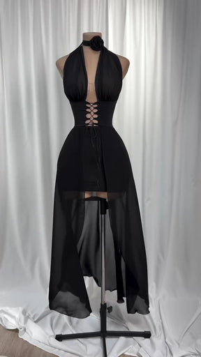 Vestido Frente Única de Tule e Amarrações Preto Modern Harley