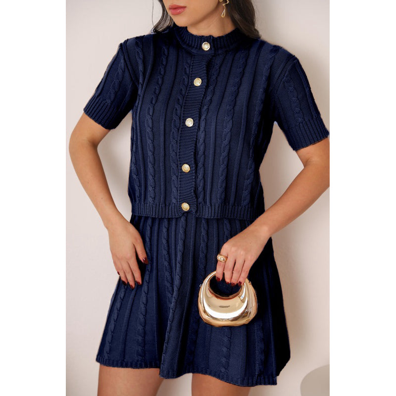 Conjunto Tricot Saia Curta e Blusa Meia Manga com Botões Modern Lívia