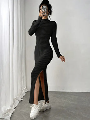 Vestido Manga Longa Canelado com Fenda Modern Joani