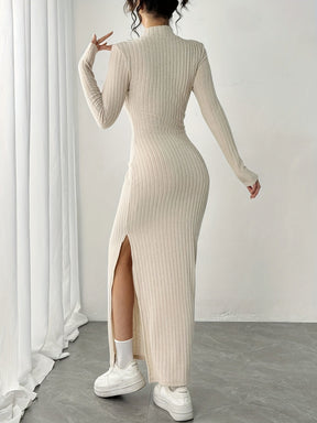 Vestido Manga Longa Canelado com Fenda Modern Joani