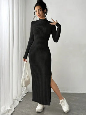 Vestido Manga Longa Canelado com Fenda Modern Joani