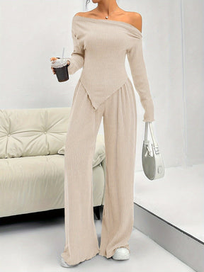 Conjunto Feminino Blusa Manga Longa Assimétrica e Calça Pantalona Modern Confy