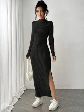 Vestido Manga Longa Canelado com Fenda Modern Joani