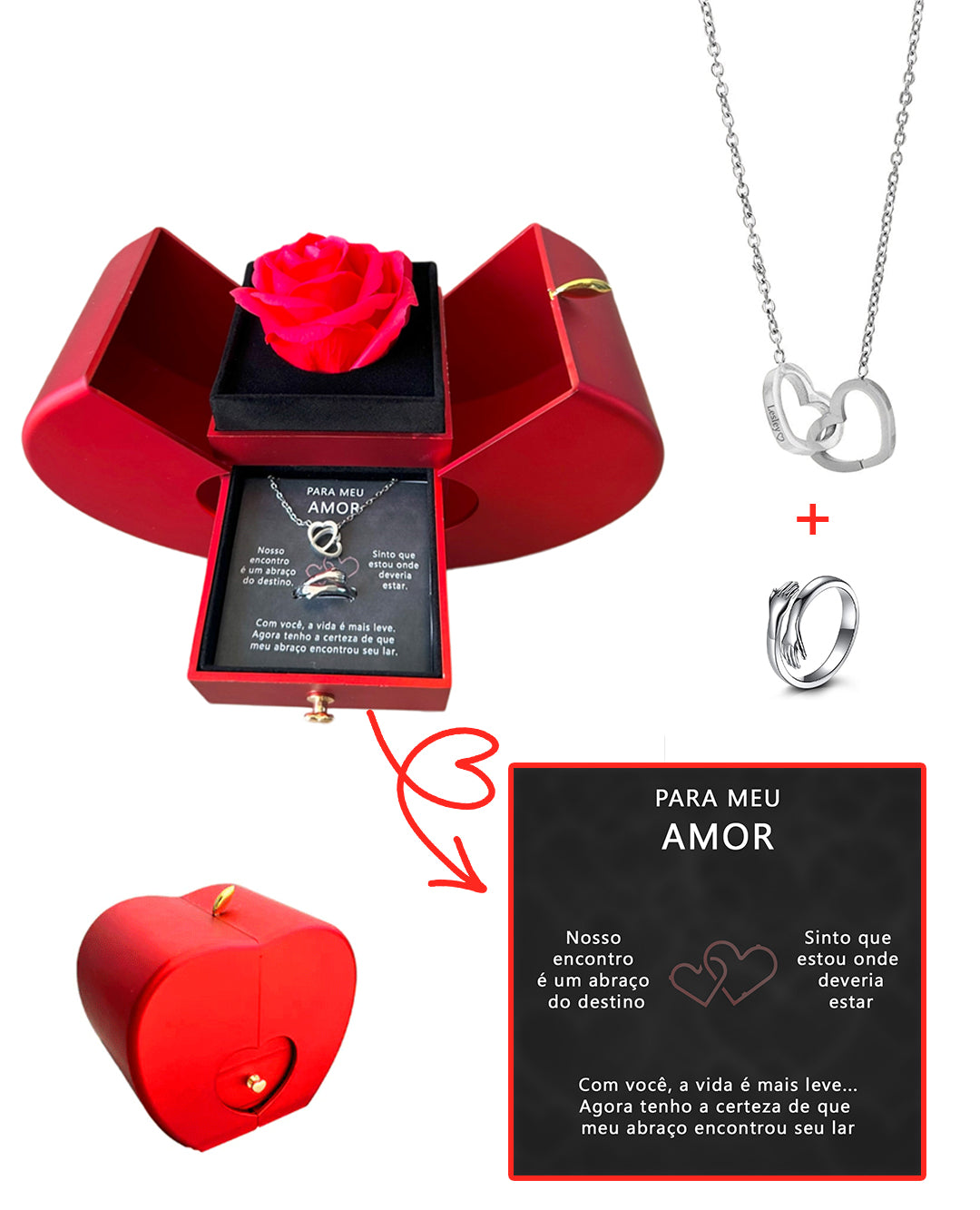 Caixa com Rosa  & Colar Personalizado + Anel do Abraço