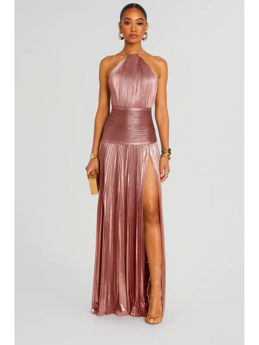 Vestido Longo Metalizado com Fenda Modern Tilia