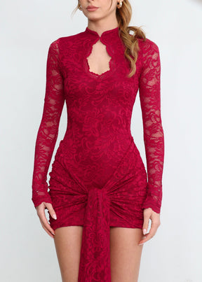 Vestido Manga Longa Rendado com Forro e Amarração Frontal Modern Seraphine