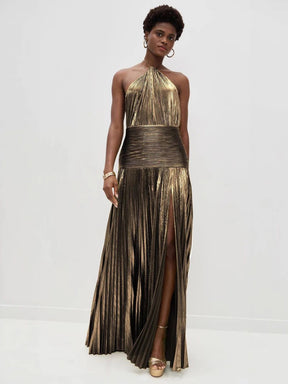 Vestido Longo Metalizado com Fenda Modern Tilia