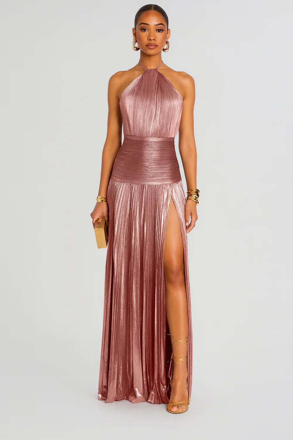 Vestido Longo Metalizado com Fenda Modern Tilia