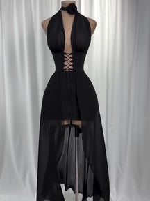 Vestido Frente Única de Tule e Amarrações Preto Modern Harley
