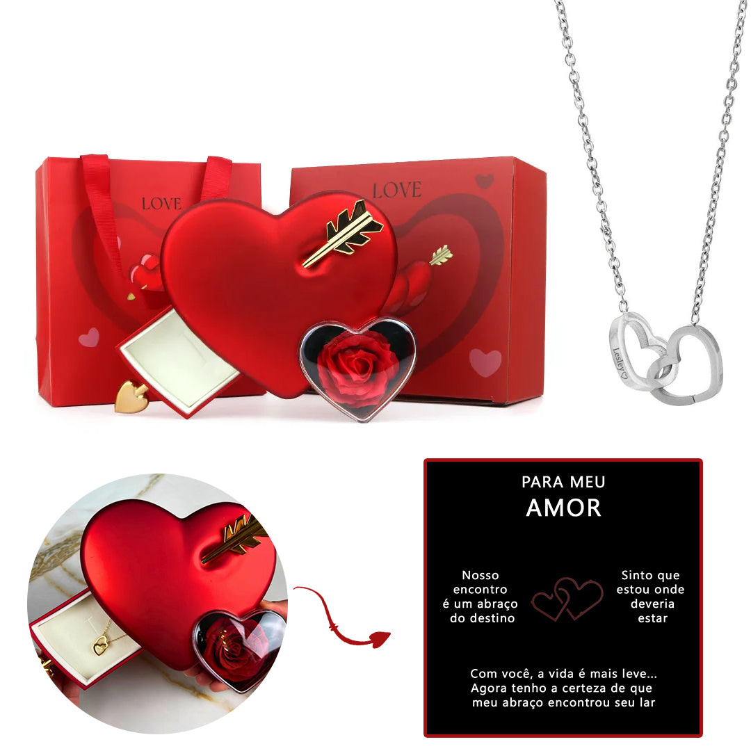 Caixa Cupido Apaixonado com Rosa Eterna & Colar Personalizado