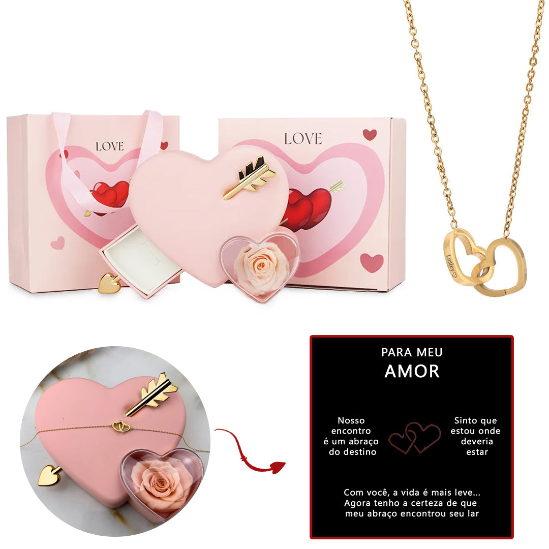 Caixa Cupido Apaixonado com Rosa Eterna & Colar Personalizado