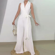 Macacão Longo Chiffon Plissado Pantalona com Cinto Modern Dilena