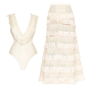 Maiô e Saia Saída de Praia com Franjas Modern Muriel