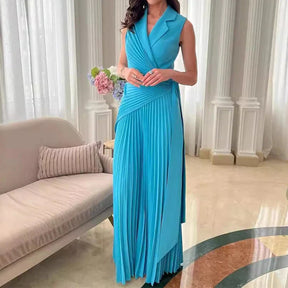 Macacão Longo Chiffon Plissado Pantalona com Cinto Modern Dilena