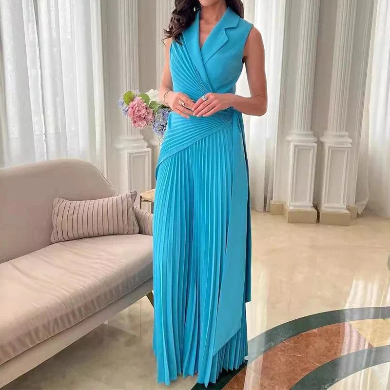 Macacão Longo Chiffon Plissado Pantalona com Cinto Modern Dilena