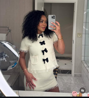 Conjunto Tricô Blusa Manga Curta e Saia Curta Modern Safira