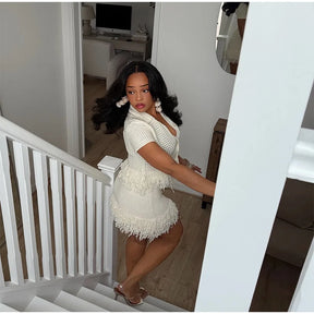 Conjunto Tricô Blusa e Saia com Franja Modern Clara