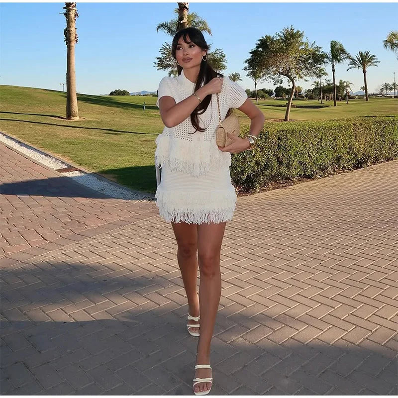 Conjunto Tricô Blusa e Saia com Franja Modern Clara