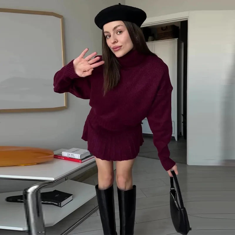 Conjunto Blusa Suéter Manga Comprida e Saia Curta Plissada Modern Marilyn