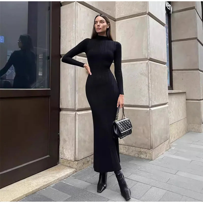 Vestido Midi Manga Longa Gola Alta Modern Amira