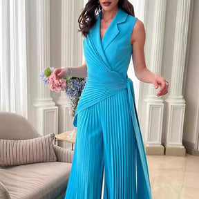 Macacão Longo Chiffon Plissado Pantalona com Cinto Modern Dilena