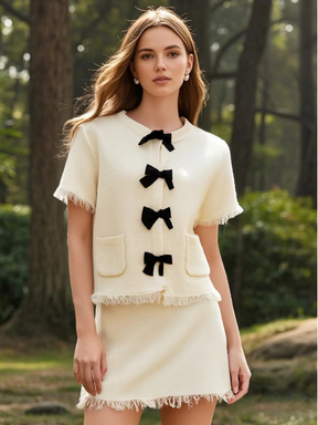 Conjunto Tricô Blusa Manga Curta e Saia Curta Modern Safira