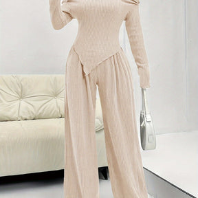 Conjunto Feminino Blusa Manga Longa Assimétrica e Calça Pantalona Modern Confy