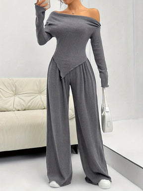 Conjunto Feminino Blusa Manga Longa Assimétrica e Calça Pantalona Modern Confy