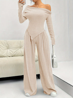 Conjunto Feminino Blusa Manga Longa Assimétrica e Calça Pantalona Modern Confy