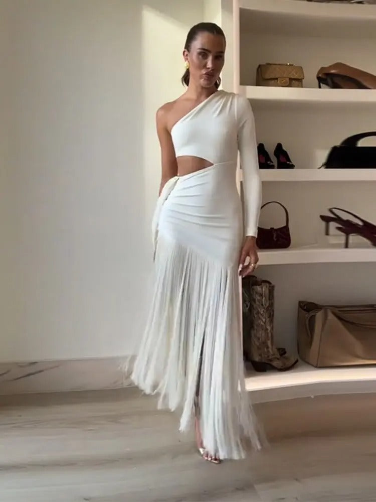 Vestido Ombro Só com Franjas Modern Élan